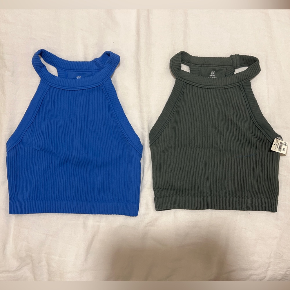 Aerie Ribbed High Neck Crop Tops - Blue and Green size small